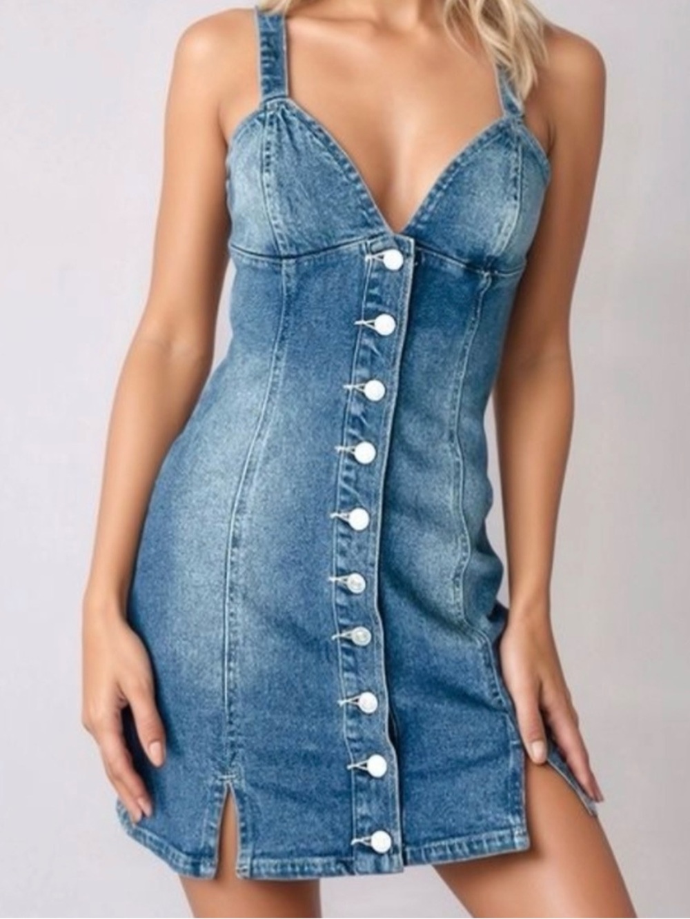 Fitted Blue Denim Button-Front Midi Dress